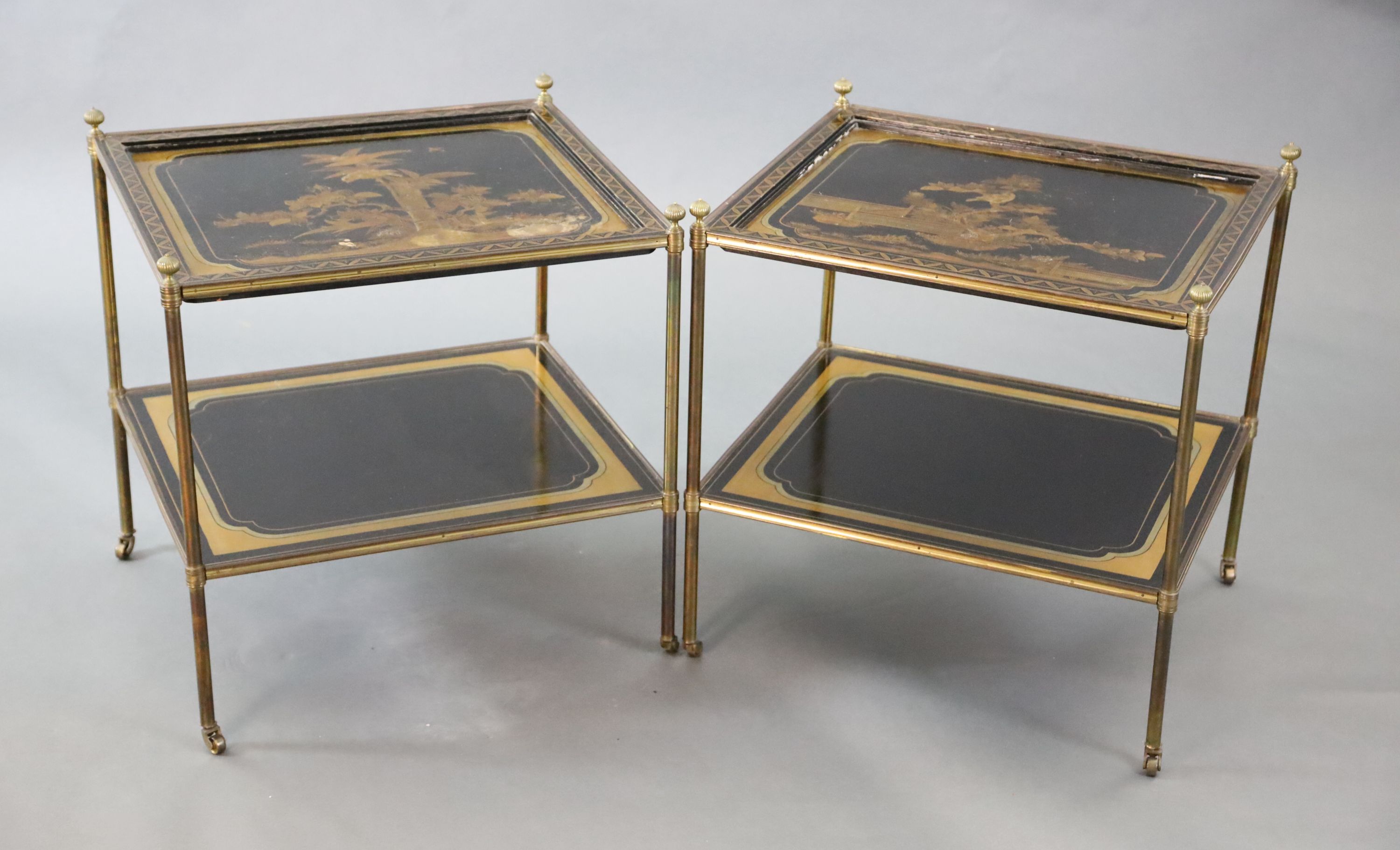 A pair of French brass and chinoiserie black lacquered two tier occasional tables, W.1ft 10in. D.1ft 7in. H.1ft 11in.